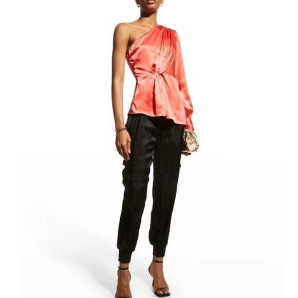 Cinq à Sept Stace Asymmetric Neck One Shoulder Silk Top Neon Coral - Picture 2 of 12